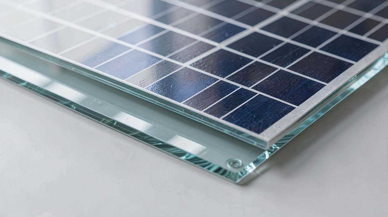 panneau solaire bi-verre en gros plan montrant les deux couches de verre et les cellules photovoltaïques