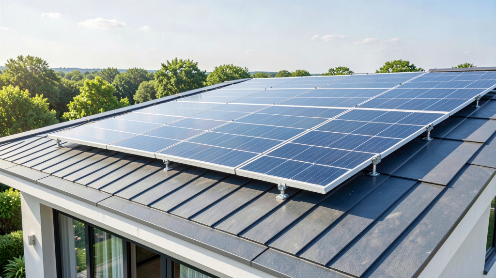 panneau solaire bi verre installé sur le toit d'une maison moderne, capturant la lumière du soleil avec des cellules en verre transparentes