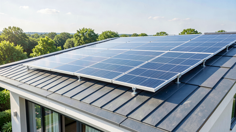 panneau solaire bi verre installé sur le toit d'une maison moderne, capturant la lumière du soleil avec des cellules en verre transparentes
