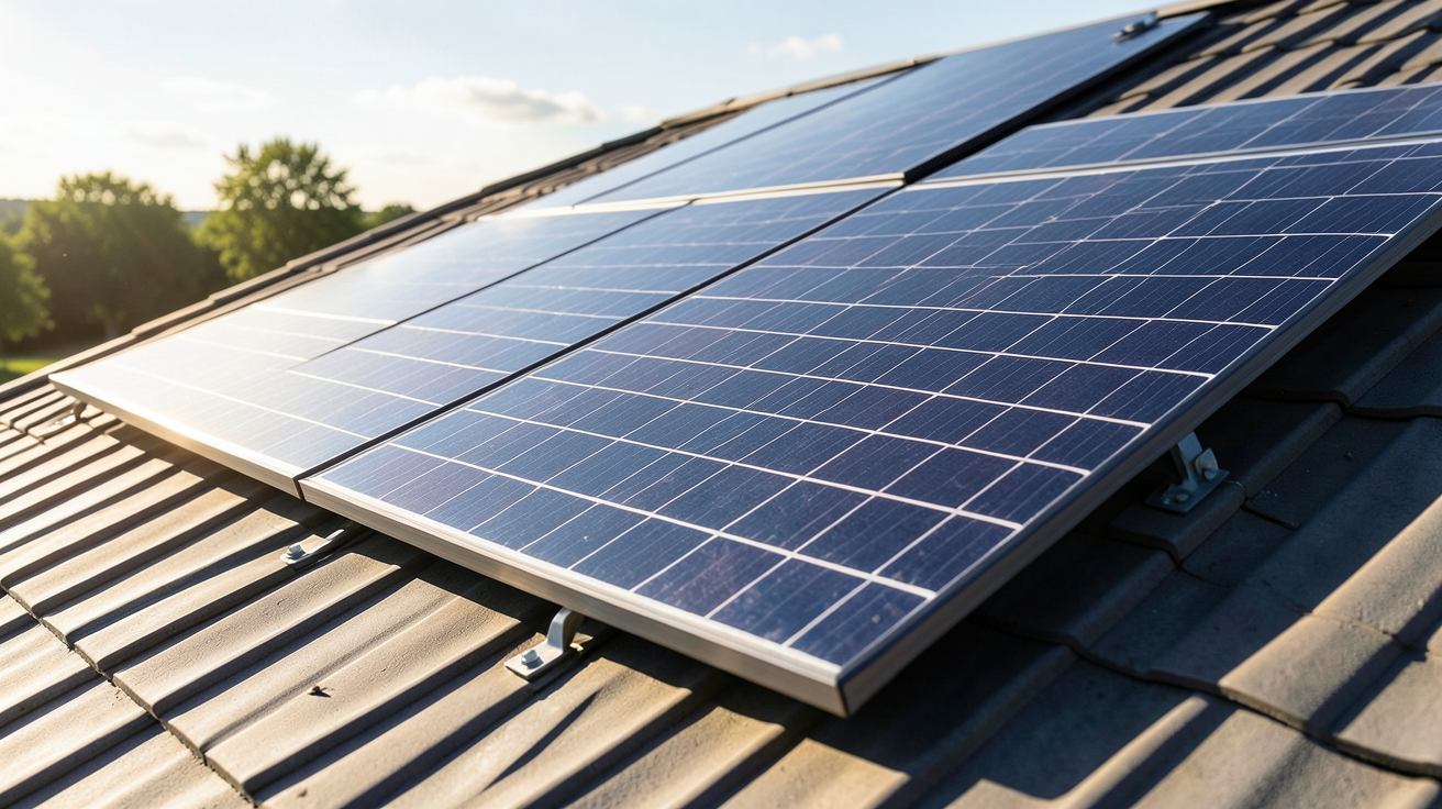 panneau solaire bifacial installé sur un toit incliné, montrant ses deux faces captant la lumière du soleil