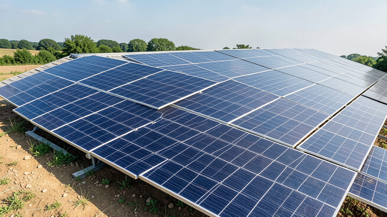 panneau solaire bifacial installé sur un toit incliné, reflétant la lumière du sol et illustrant une implantation optimisée