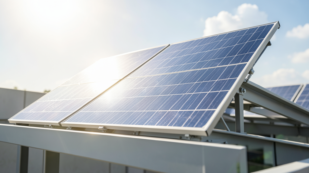 panneau solaire bifacial installé sur un toit contemporain sous une lumière naturelle