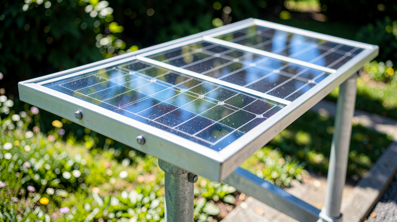 panneau solaire bifacial posé sur un support métallique en plein soleil