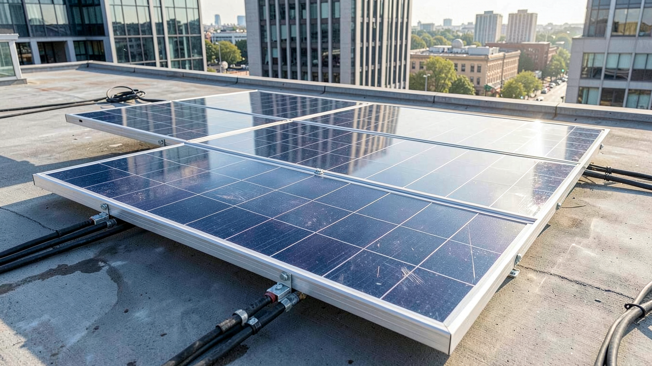 panneau solaire bifacial installé sur un toit plat avec détails des cellules photovoltaïques