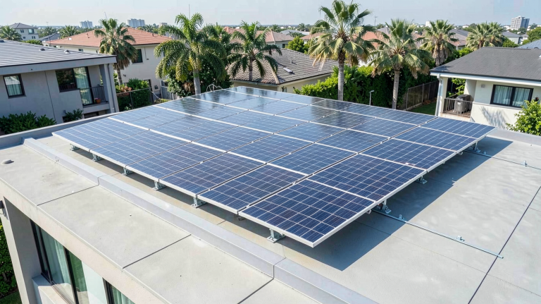 panneau solaire bifacial prix installé sur un toit résidentiel avec vue dégagée, éclairage naturel et rendu professionnel