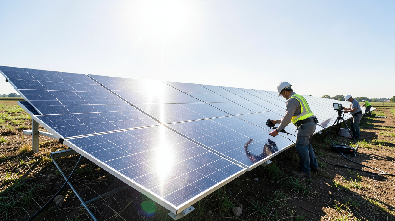 panneau solaire bifacial montrant le rendement réel avec des mesures d'experts sur un champ ensoleillé