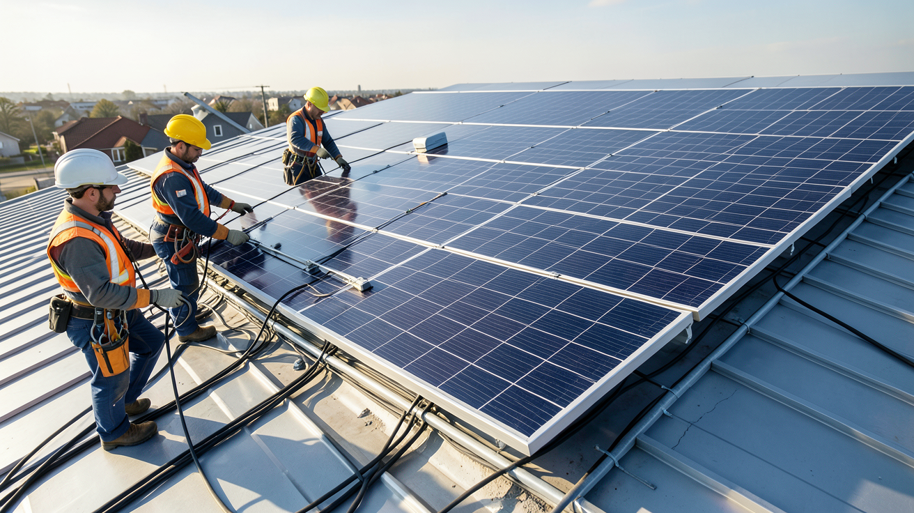 panneau solaire BIM en cours d'installation sur un toit par des techniciens professionnels