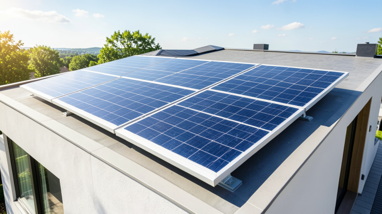 panneau solaire bim installé sur le toit d'une habitation moderne sous un ciel dégagé