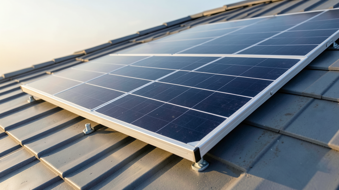 panneau solaire BIM de 2024 installé sur un toit incliné, vue détaillée des composants techniques
