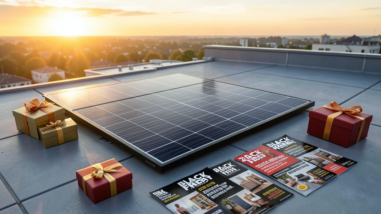 panneau solaire black friday avec boîtes cadeaux promotionnelles et flyers 2024-2025