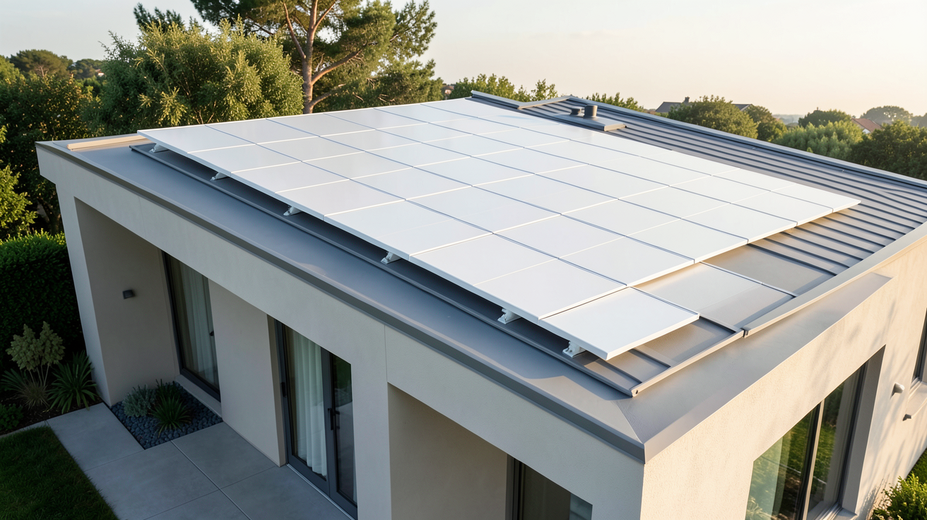 panneau solaire blanc intégré harmonieusement à la toiture d'une maison contemporaine