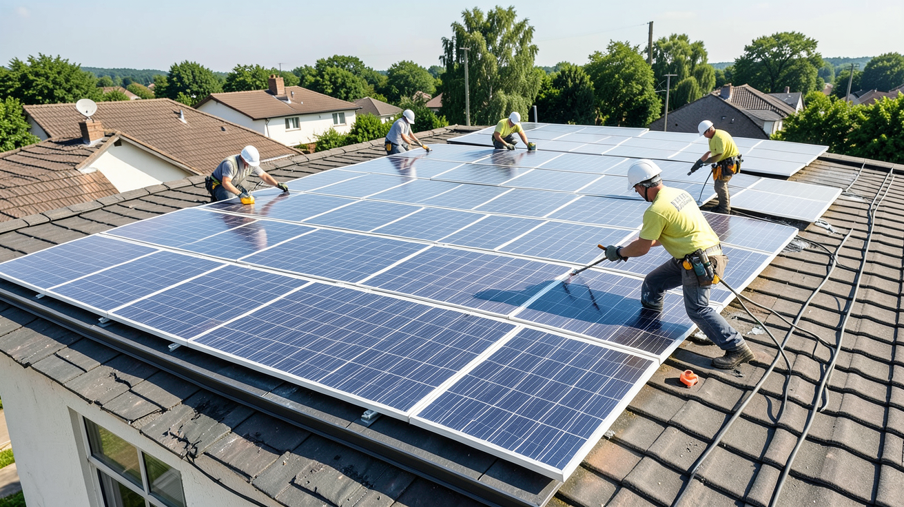 panneau solaire blanc installé sur un toit avec des techniciens procédant aux étapes d'installation, vue détaillée et réaliste.