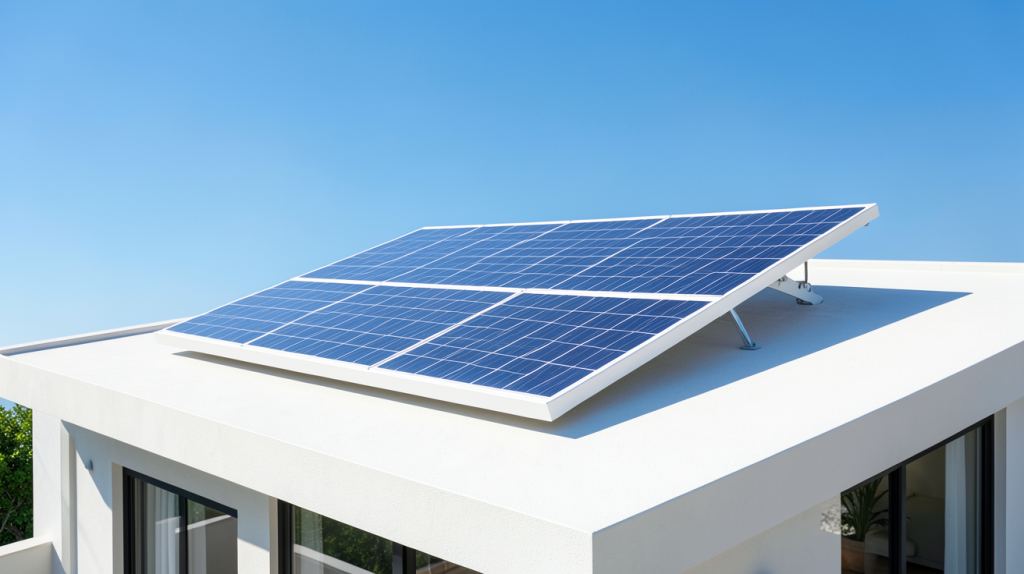 panneau solaire blanc installé sur le toit d'une maison moderne sous un ciel dégagé