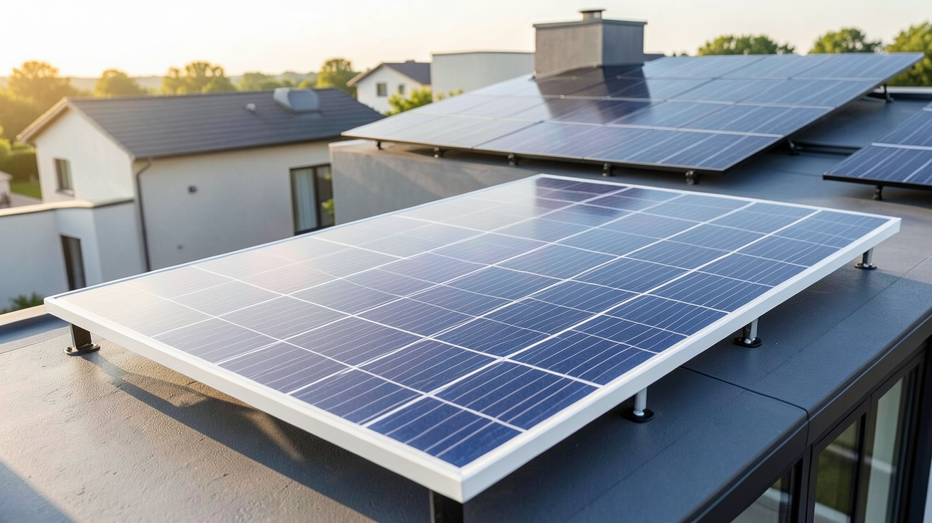 panneau solaire blanc installé sur le toit d'une maison contemporaine à côté d'un panneau solaire classique noir