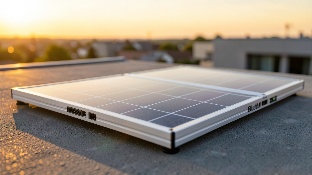 panneau solaire Bluetti de la gamme 2025 installé sur un toit avec une lumière naturelle dorée
