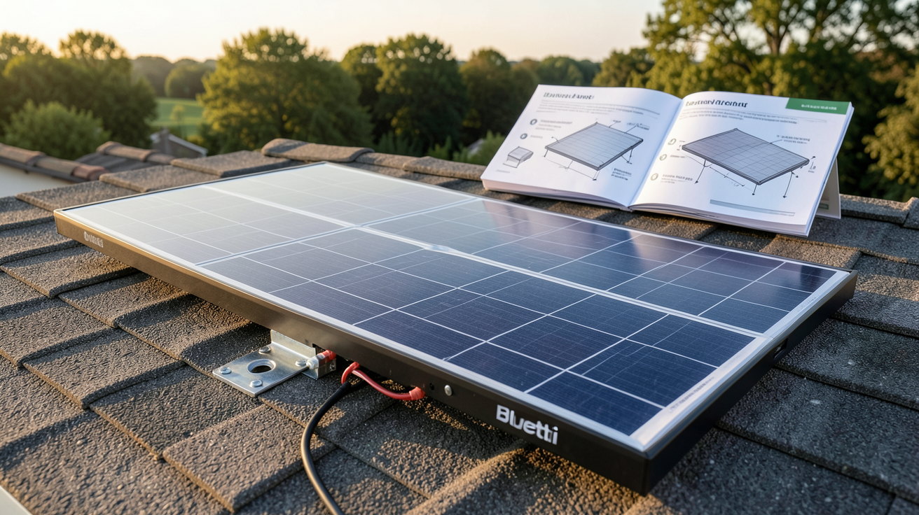 panneau solaire Bluetti installé sur un toit avec un guide d'installation étape par étape en arrière-plan