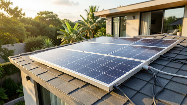 panneau solaire Bluetti installé sur le toit d'une maison verte