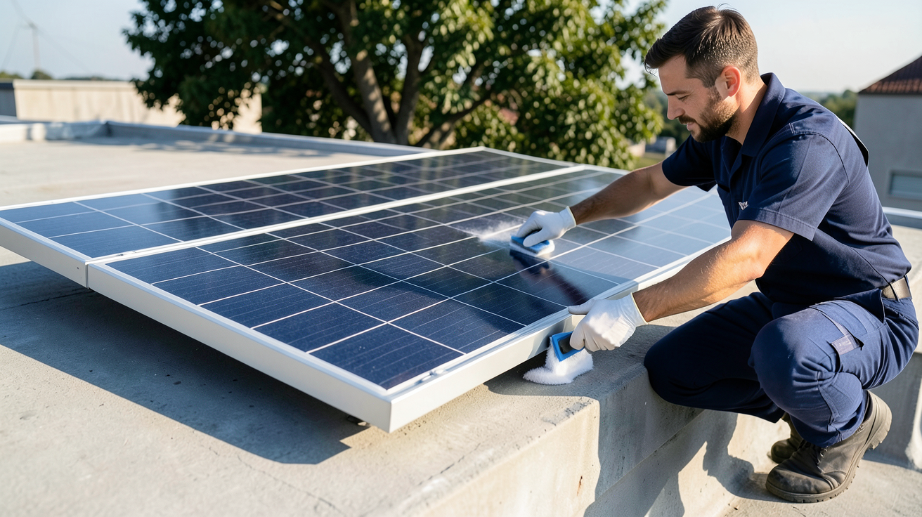 panneau solaire Bluetti installé sur un toit avec angle optimal, ombre partielle et entretien par un technicien