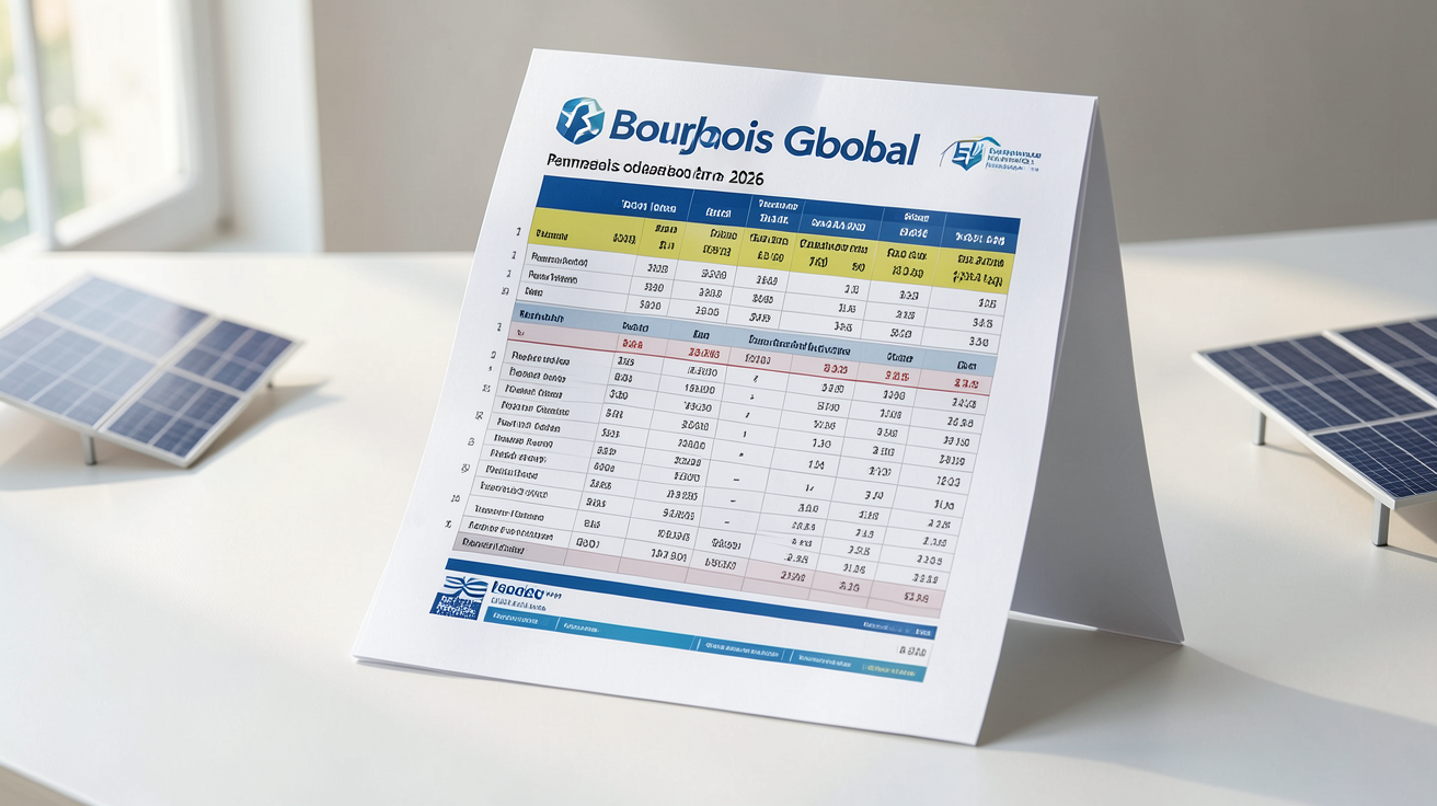 panneau solaire Bourgeois Global prix 2026 grille tarifaire détaillée affichée sur écran professionnel