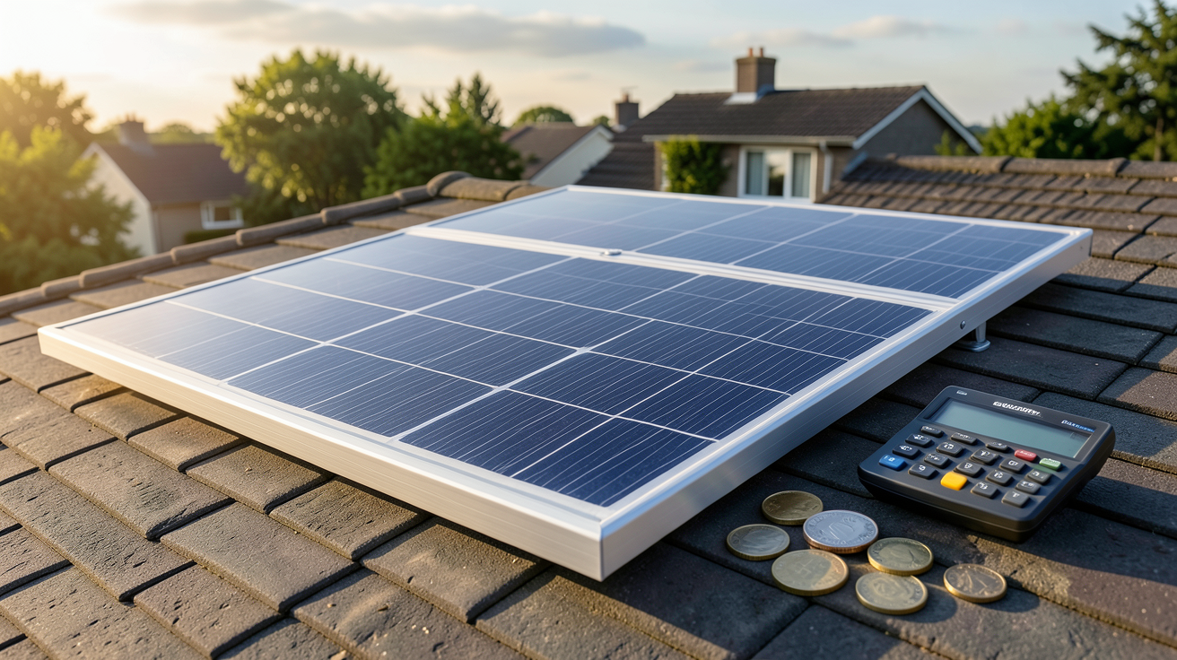 panneau solaire Bourgeois Global sur un toit avec calculateur financier et pièces de monnaie illustrant la rentabilité et le retour sur investissement