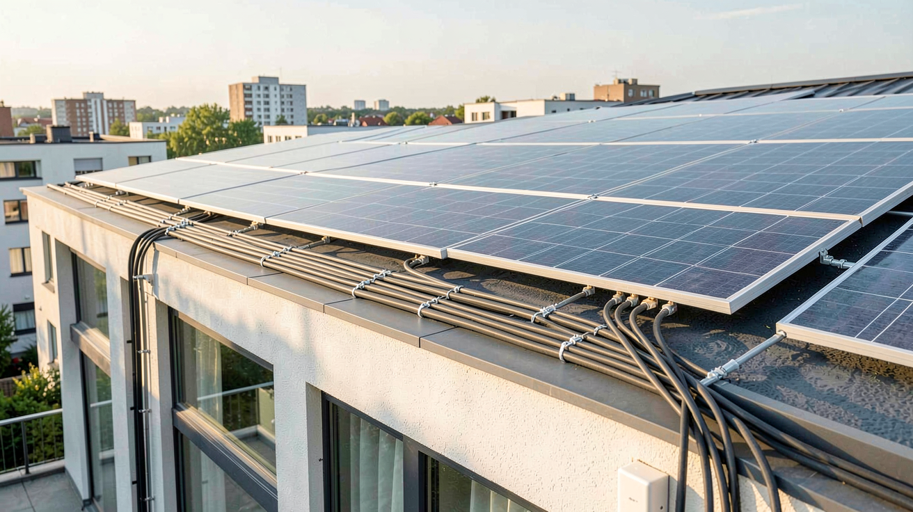 panneau solaire branchement en parallèle sur le toit d'une maison urbaine moderne avec câbles sécurisés