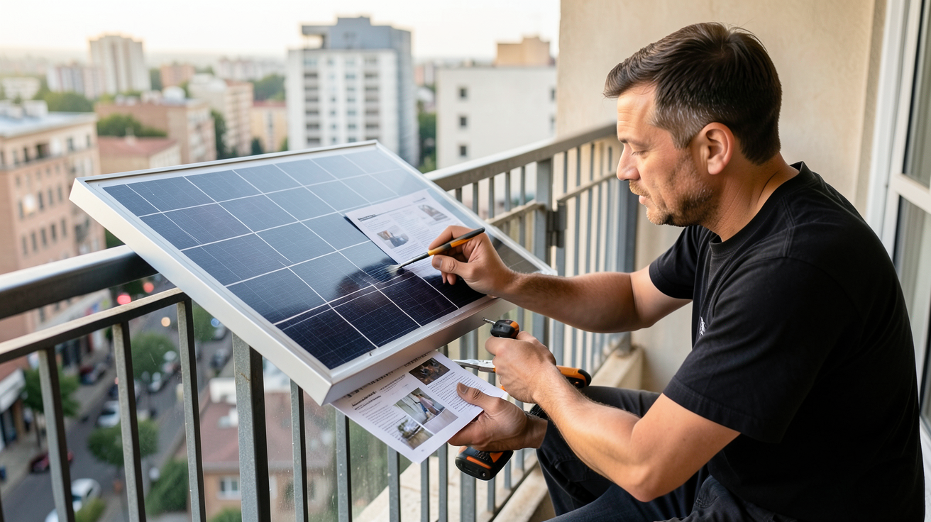 panneau solaire brico en cours d'installation plug & play sur un balcon urbain avec outils et notice