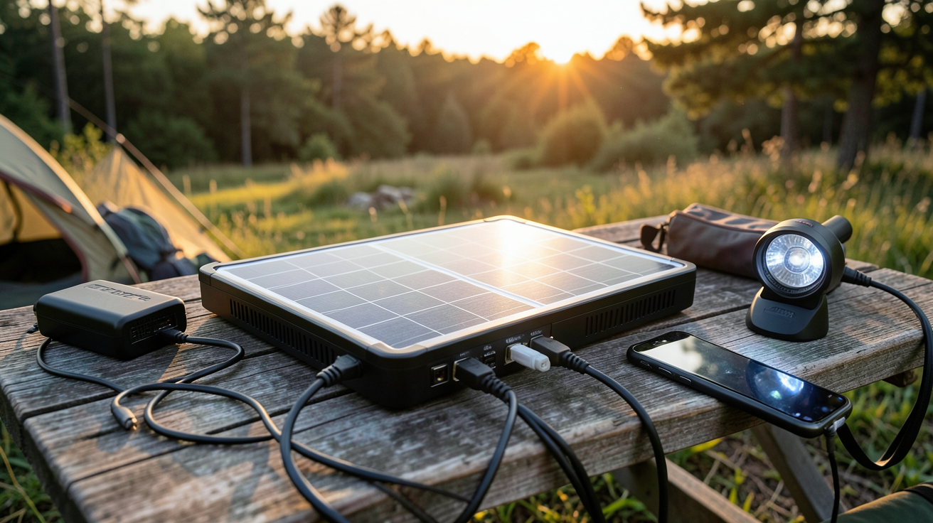 panneau solaire camping utilisé pour calculer l'autonomie énergétique et dimensionner une installation en pleine nature
