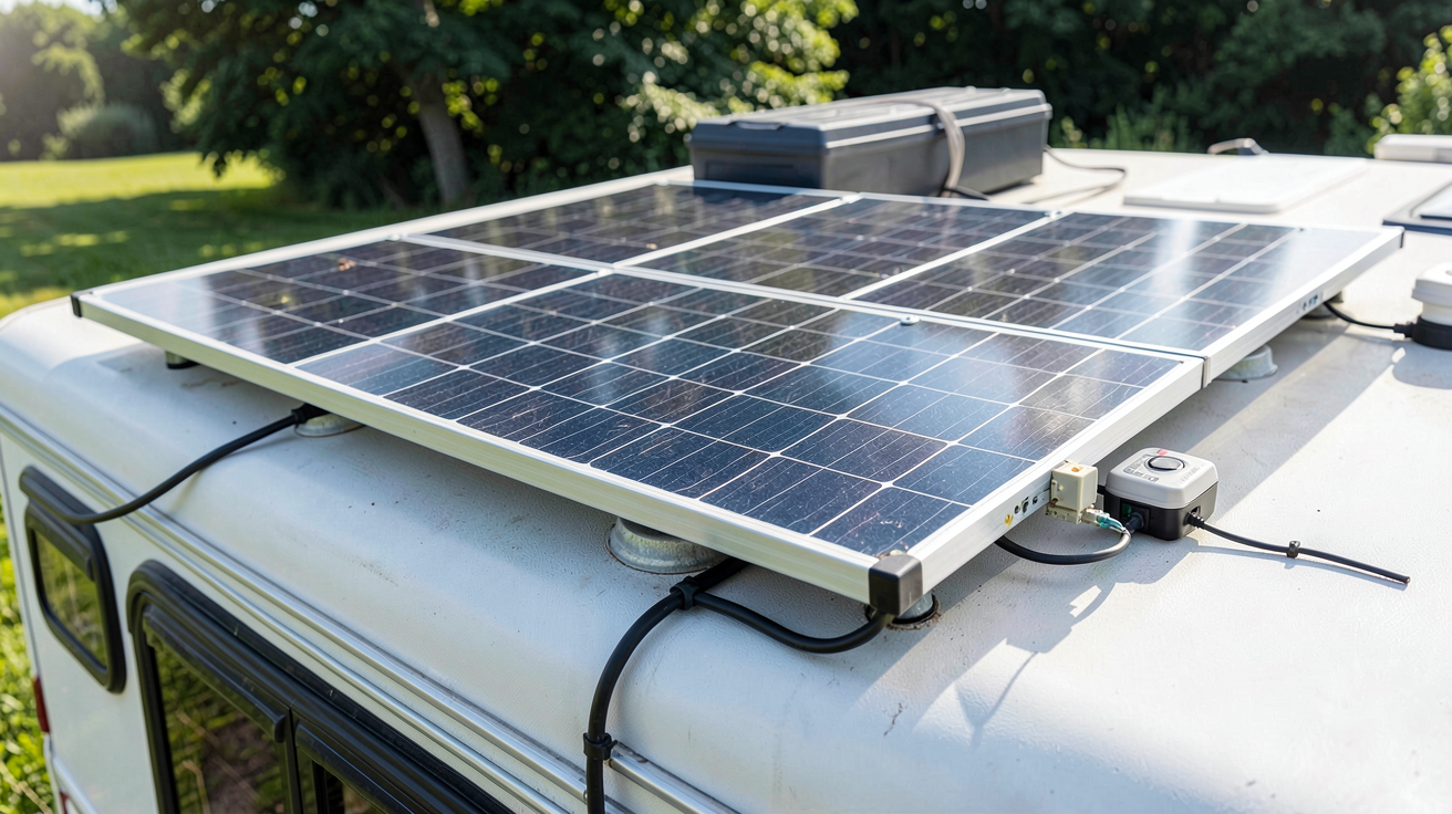 panneau solaire camping car 1000w affichant les composants essentiels du kit solaire : panneaux, régulateur, batterie et câblage, installé sur le toit d'un camping-car
