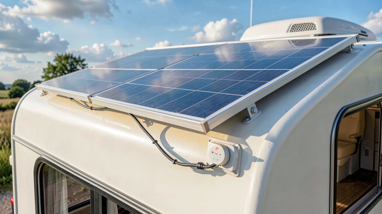 panneau solaire camping car 1000w installé sur le toit du véhicule et connecté au tableau électrique, montrant chaque étape de l'installation en plein jour.