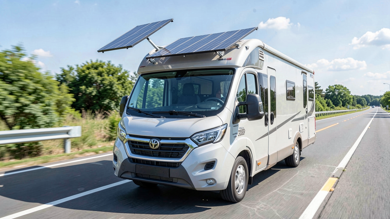 panneau solaire camping car 1000w optimisé pour l'orientation et l'inclinaison sur le toit d'un camping-car en déplacement, capturant la lumière naturelle avec efficacité