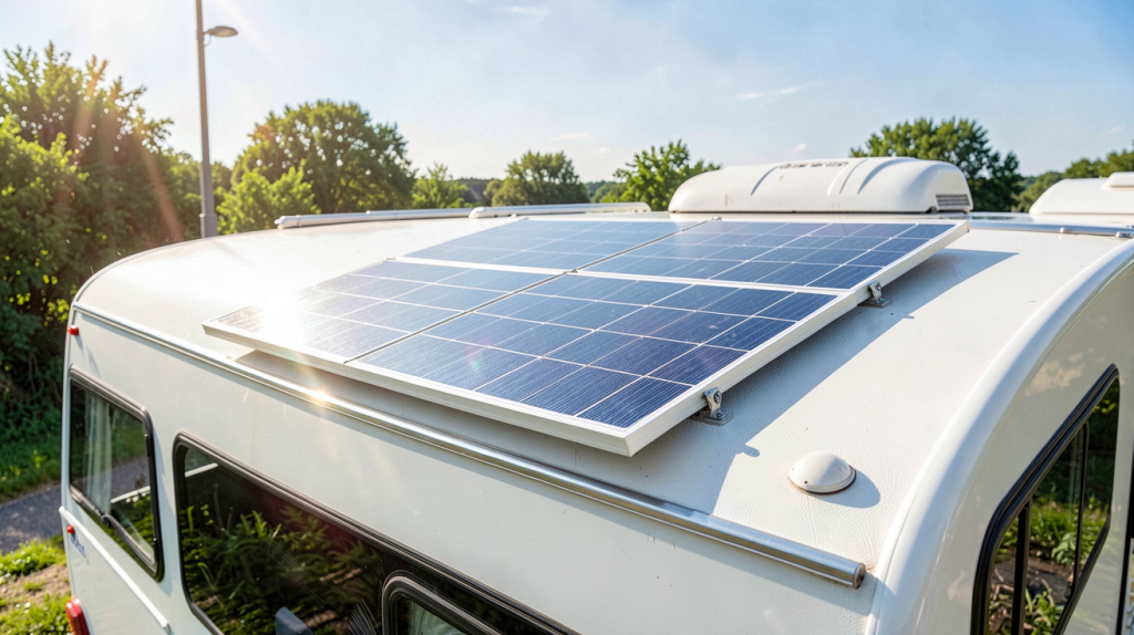 panneau solaire camping car 1000w installé sur le toit d'un camping‑car moderne sous un jour ensoleillé