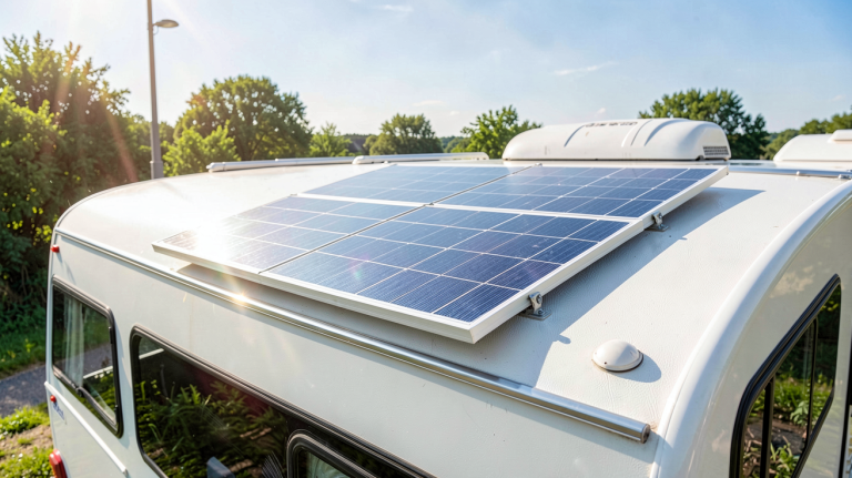 panneau solaire camping car 1000w installé sur le toit d'un camping‑car moderne sous un jour ensoleillé