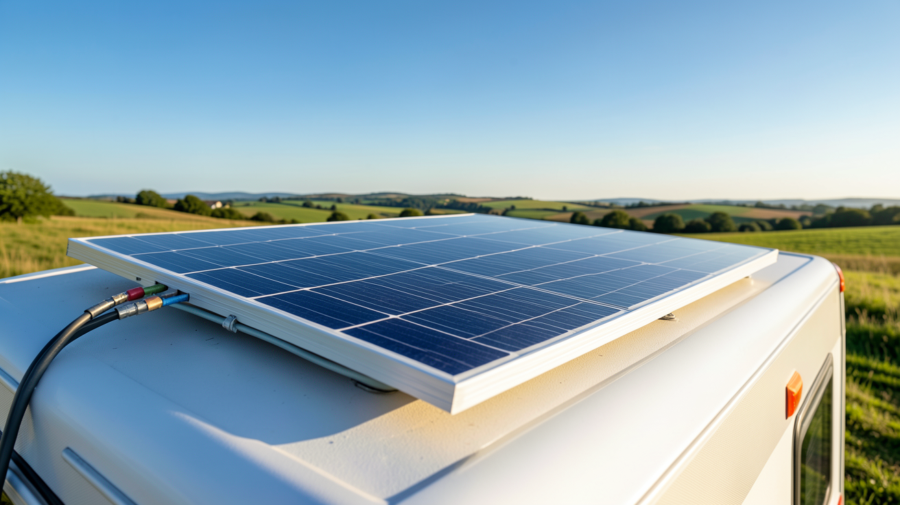 panneau solaire camping car 100w installé sur le toit d'un camping-car avec câbles et connecteurs étanches
