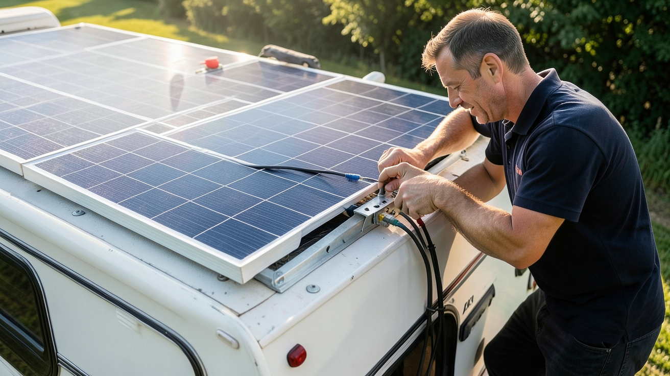 panneau solaire camping car 100w installation étape par étape sur le toit d'un camping-car