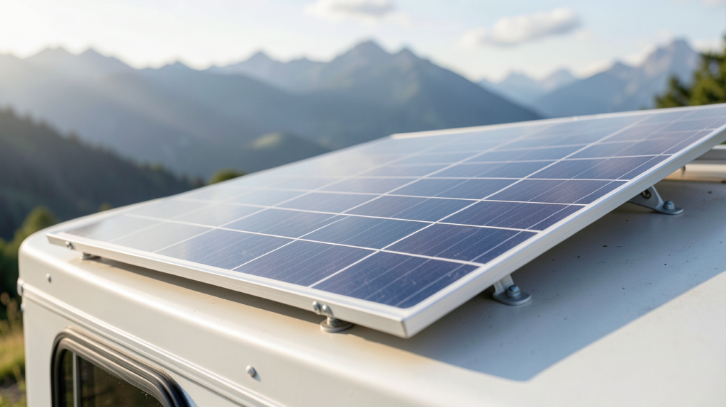 panneau solaire camping car 100w installé sur le toit d'un véhicule de loisirs