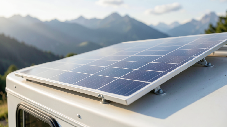 panneau solaire camping car 100w installé sur le toit d'un véhicule de loisirs