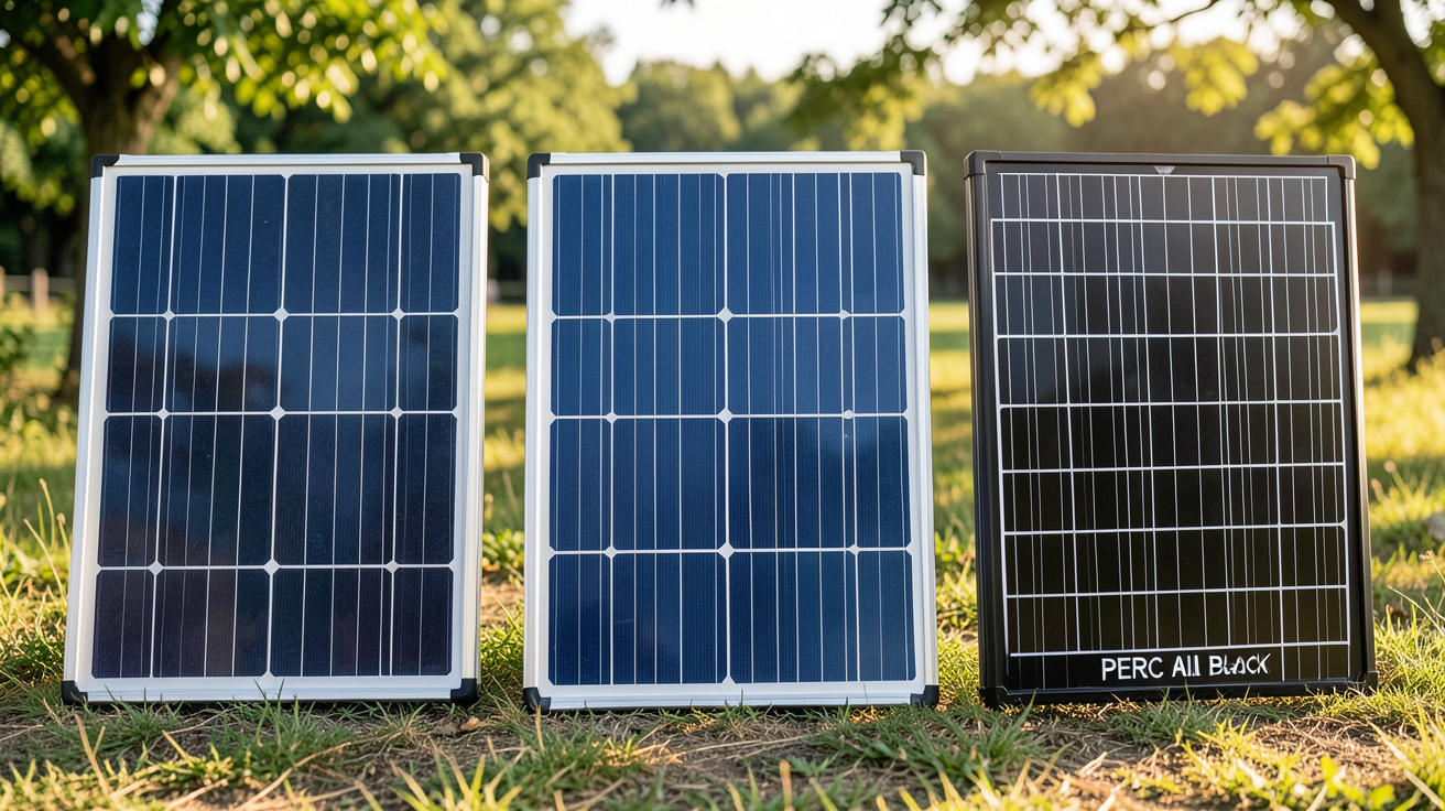 panneau solaire camping car 150w comparant trois technologies : monocristallin, polycristallin et PERC All Black