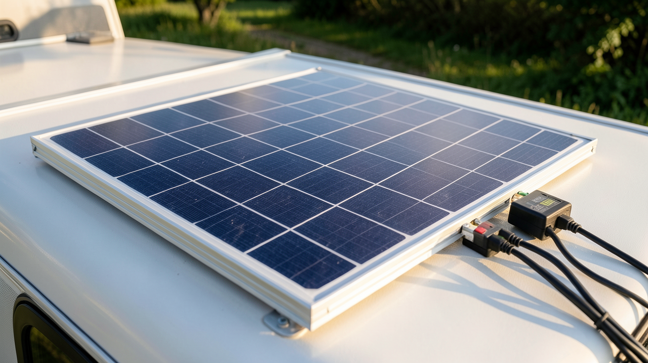panneau solaire camping car 150w installé sur le toit d'un camping-car avec vue sur le ciel dégagé