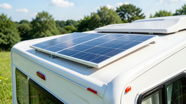 panneau solaire camping car 150w installé sur le toit d'un van élégant, capturé en haute résolution