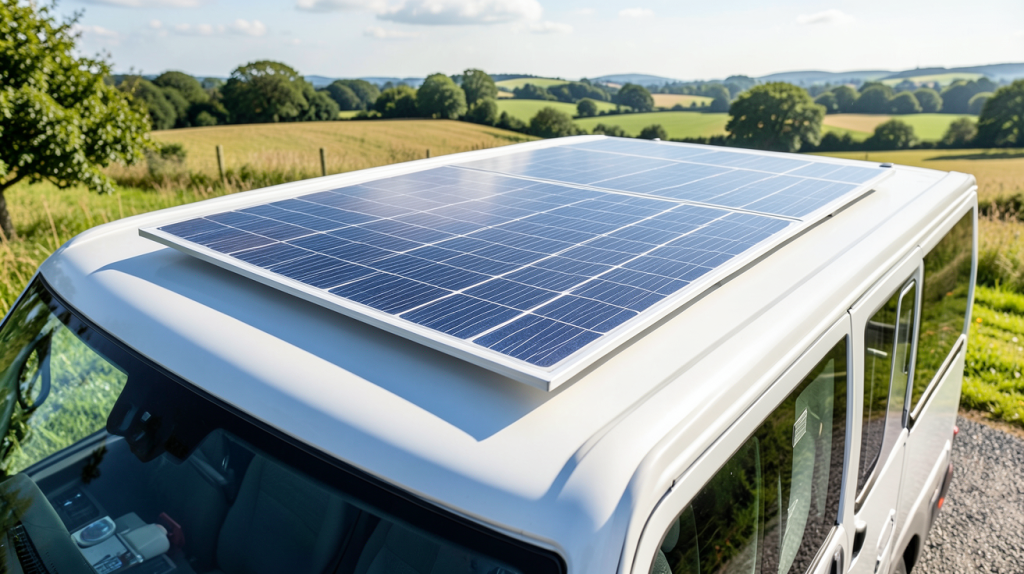 panneau solaire camping car 2000w installé sur le toit d'un véhicule de loisirs en pleine nature