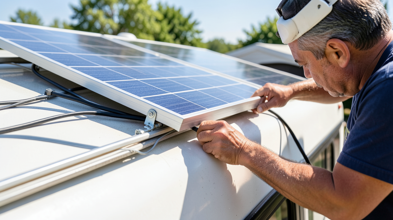 panneau solaire camping car 2000w en cours d'installation sur le toit d'un camping-car moderne