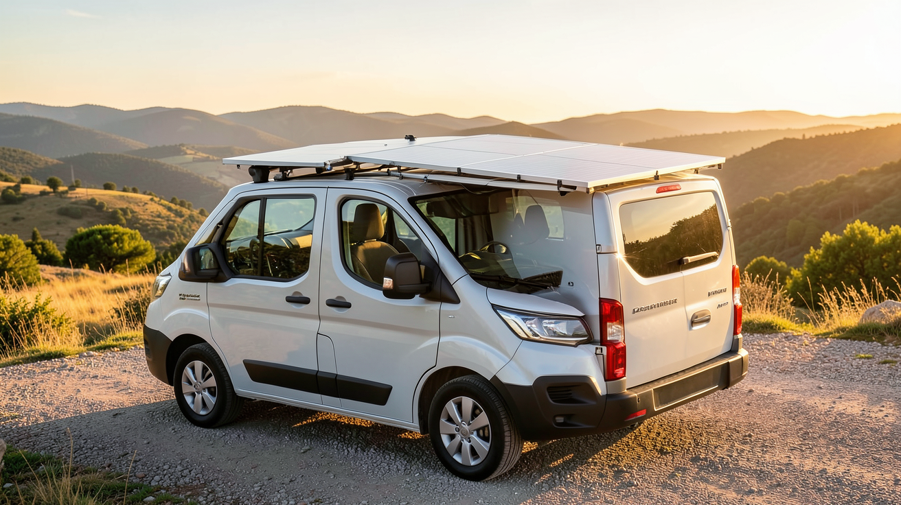 panneau solaire camping car 2000w installé sur le toit d'un véhicule de loisirs en pleine nature