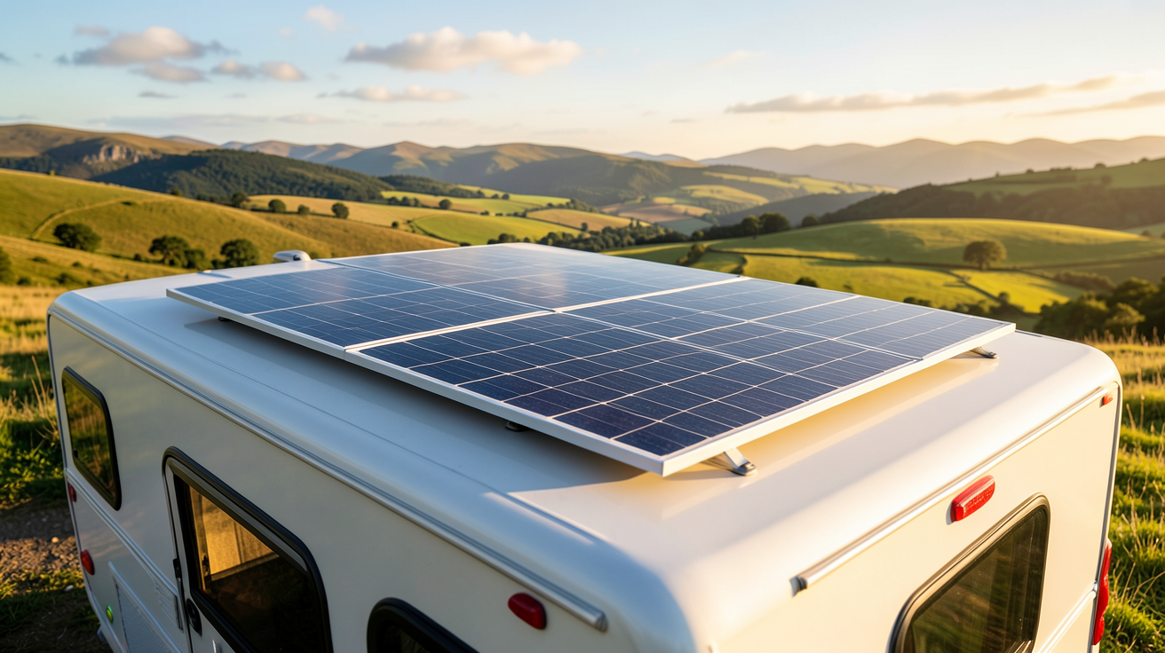 panneau solaire camping car 2000w installé sur le toit d'un véhicule de loisirs en plein air