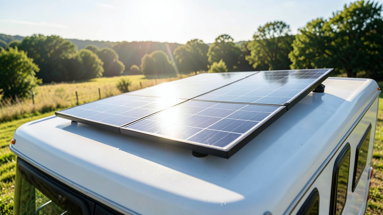 panneau solaire camping car 200w incliné sur le toit d'un véhicule de loisirs pour optimiser la captation solaire