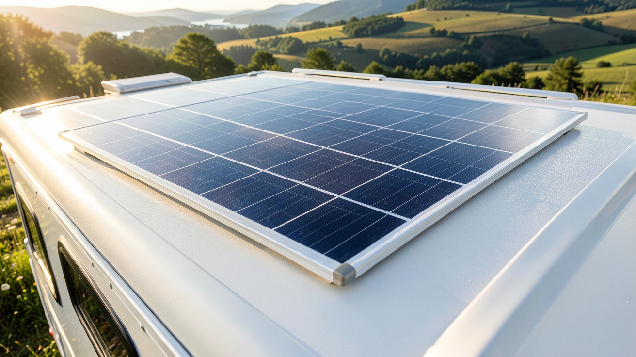 panneau solaire camping car 200w installé sur le toit d'un véhicule de loisirs sous un ciel dégagé