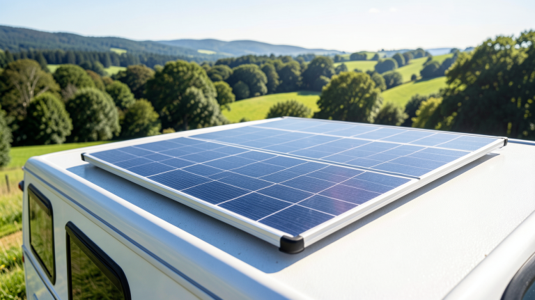 panneau solaire camping car 200w installé sur le toit d'un véhicule de loisirs en plein air