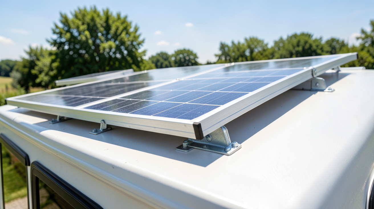 panneau solaire camping car 200w installé sur le toit d'un véhicule de loisirs