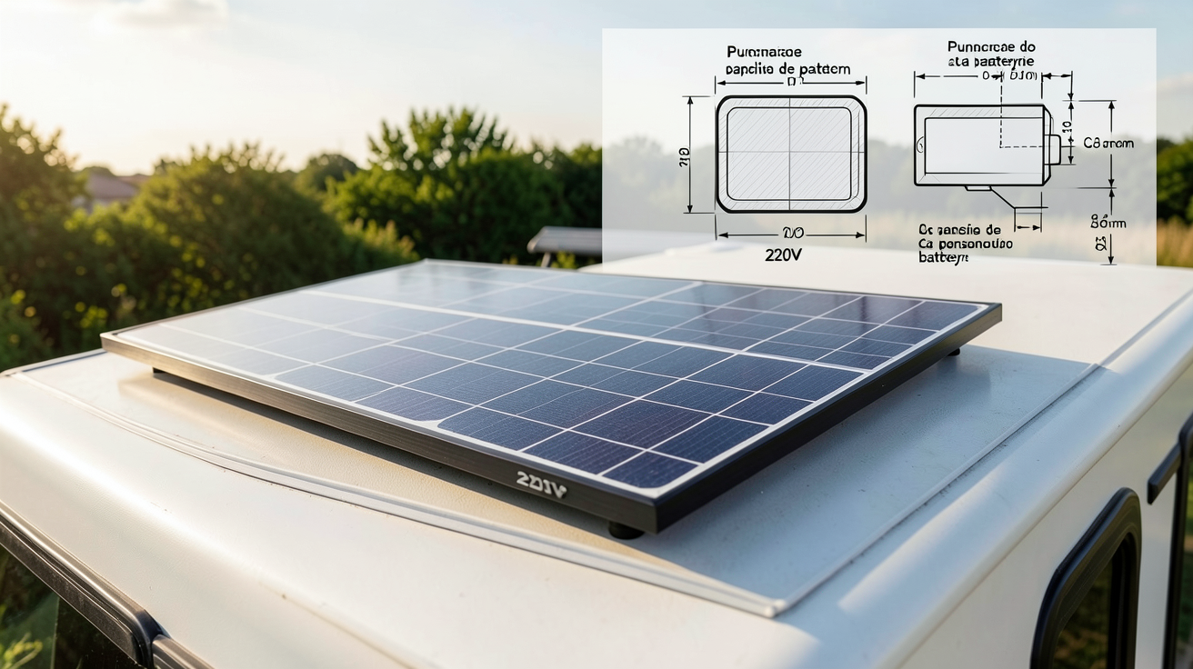 panneau solaire camping car 220v avec schéma de dimensionnement du système montrant la puissance du panneau et la capacité de la batterie