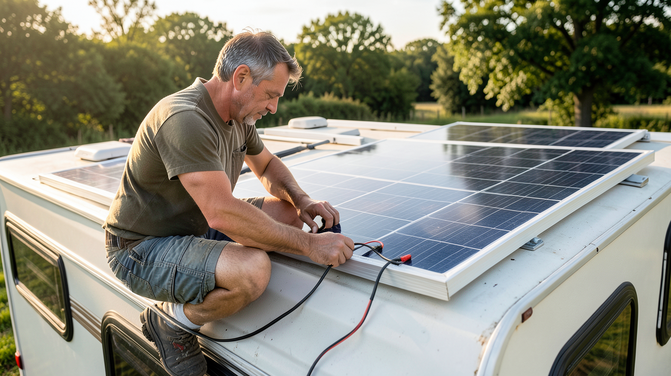 panneau solaire camping car 220v en cours d'installation sur le toit avec réglage des connexions électriques