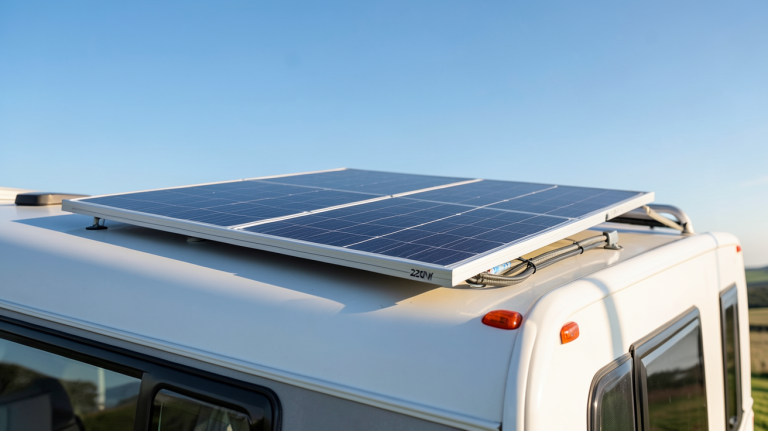 panneau solaire camping car 220v installé sur le toit d'un camping-car moderne